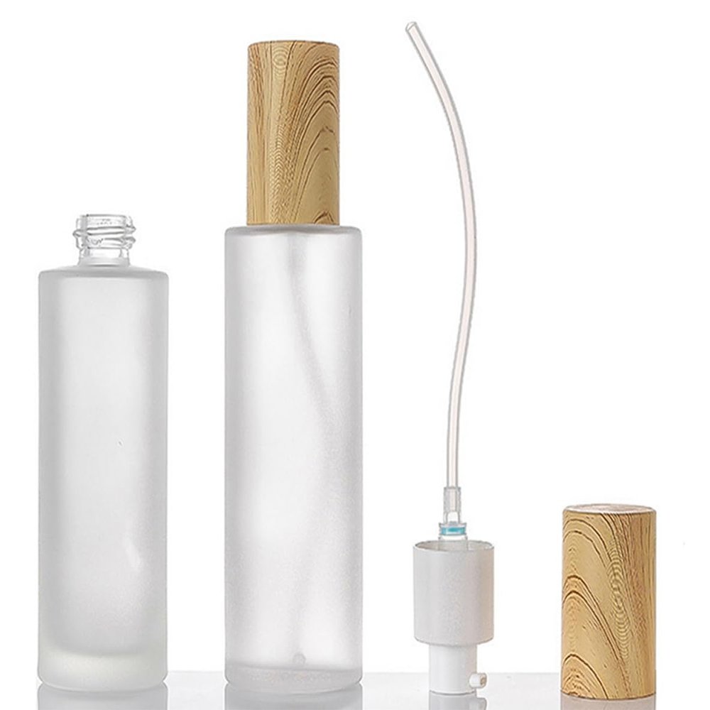 2Pcs 60ML/2oz Empty Clear Frosted Glass Lotion Pump Press Bottles with Plastic Wood Grain Lid Makeup Cosmetic Cream Emulsion Essence Dispenser Container Storage Vials Jars