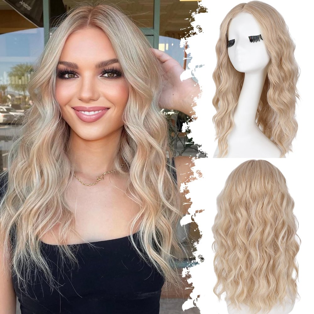 Eawwii Honey Blonde Mix Platinum Blonde Short Wavy Wig for Women Lace Hairline Bob Style Synthetic Heat Resistant - Natural Appearance for Everyday Hairstyle 18 Inch