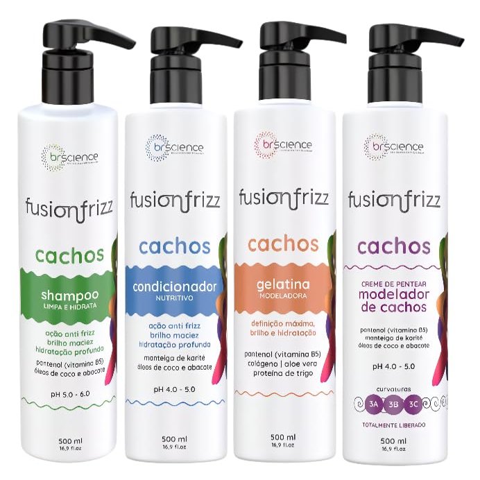 Brscience Fuzionfrizz Curl Styler Kit - Control & Long-Lasting Definition for Curly Hair - Anti-frizz - Shampoo, Conditioner, Styling Gelatine and Combing Cream - Types - 3A, 3B, 3C - 4x500ml
