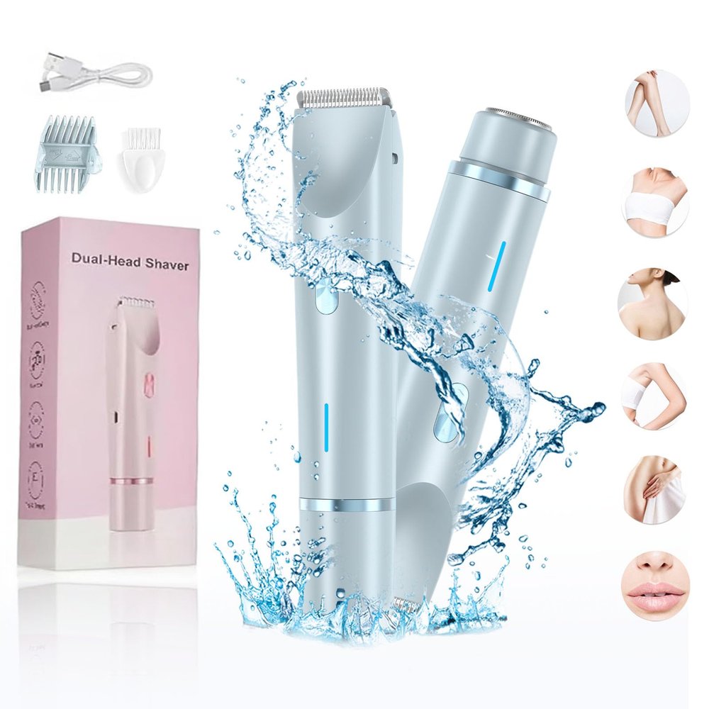 2 in 1 Electric Lady Shaver, 2025 Best Bikini Trimmer for Women, Wet and Dry Use Body Trimmer for Bikini Underarm Leg Arm Body Face, Dual Head Groomer, Body Grooming Tool (Blue)