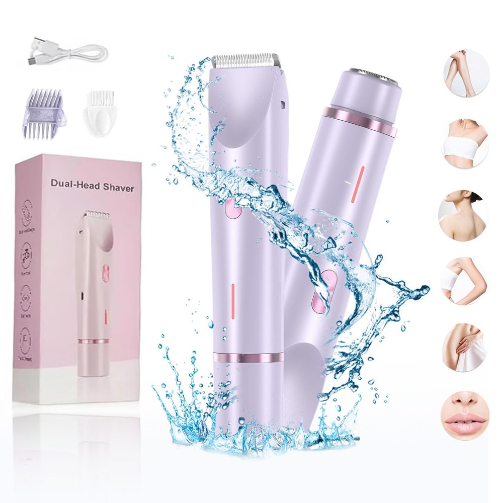 2 in 1 Electric Lady Shaver, 2025 Best Bikini Trimmer for Women, Wet and Dry Use Body Trimmer for Bikini Underarm Leg Arm Body Face, Dual Head Groomer, Body Grooming Tool (Purple)