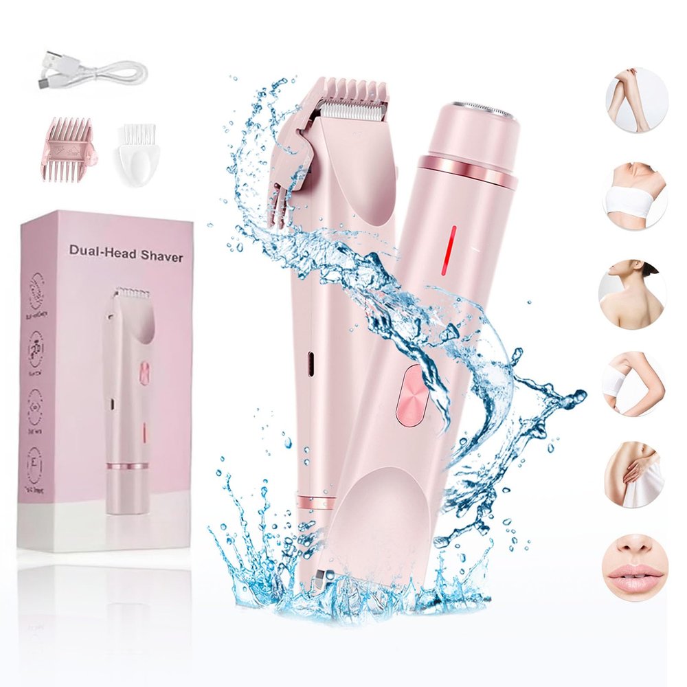 2 in 1 Electric Lady Shaver, 2025 Best Bikini Trimmer for Women, Wet and Dry Use Body Trimmer for Bikini Underarm Leg Arm Body Face, Dual Head Groomer, Body Grooming Tool (Pink)