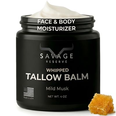 Savage Reserve Beef Tallow Lotion for Face, Neck and Hands Whipped Grass-Fed & Finished Tallow Balm with Manuka Honey & Olive Oil No Seed Oils All-In-One Cream Moisturizer for Skin 4 oz