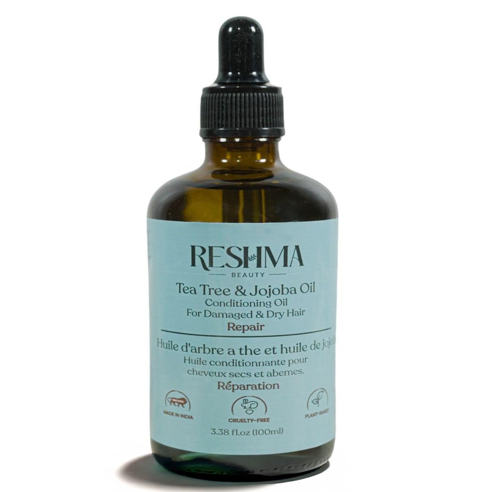 Reshma Beauty Tea Tree & Jojoba Henna Infused Repair Oil with Glass Dropper  100% Pure & Natural Multi-Purpose Repairing Conditioning Oil for Dry and Damaged Hair, Beard & Eyebrows  3.38 fl oz
