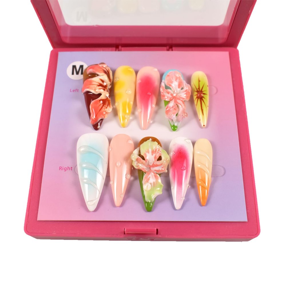 LIFOOST Manual Press on Nails 10Pcs with Hand Carved Flower Petals Long Almond Handmade Nails for DIY Manicure Decorations, Size Medium