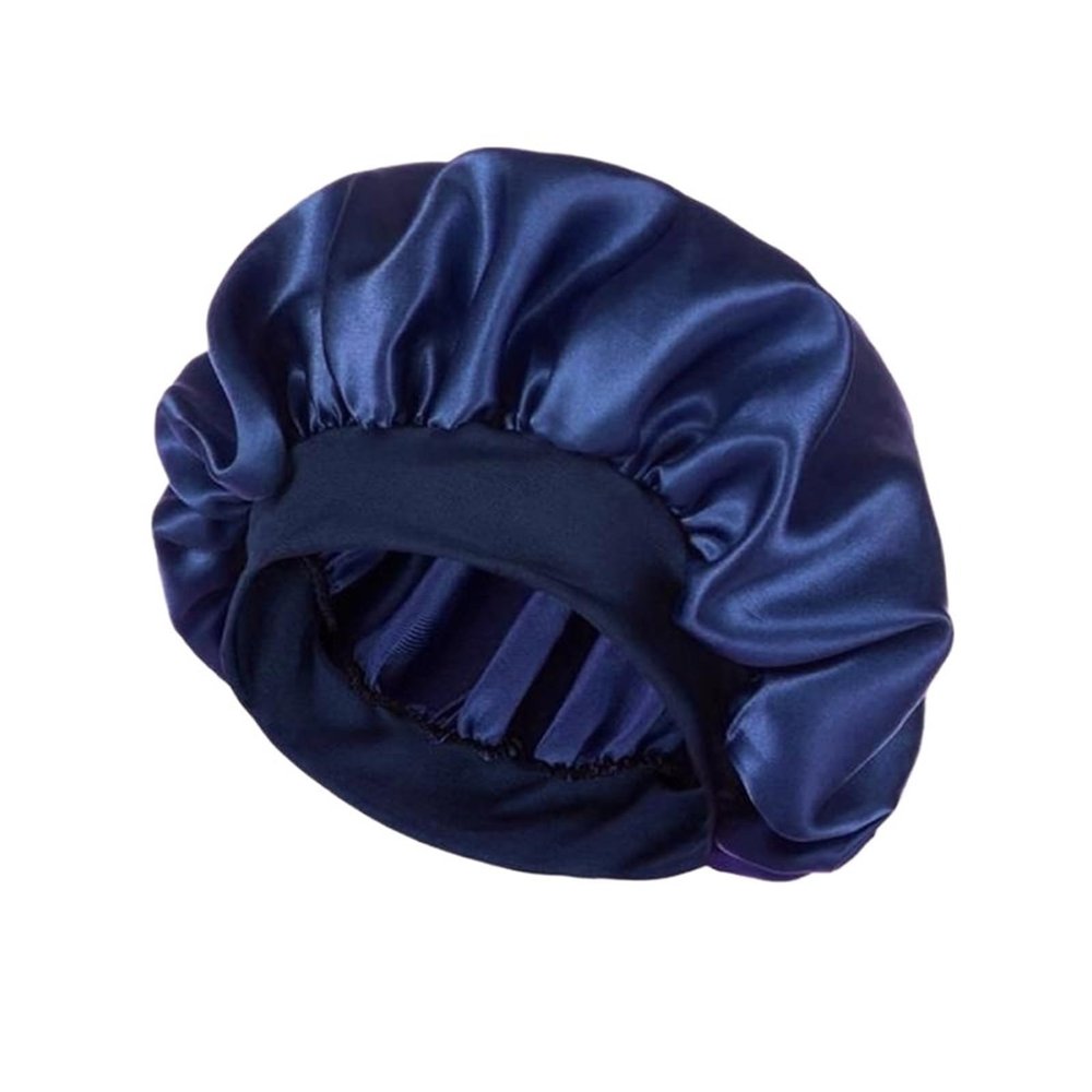 1pcs Women Night Sleep Hair Caps Bonnet Satin Double Layer Adjust Head Cover Hat for Curly Springy Hair Styling(Deep Blue)
