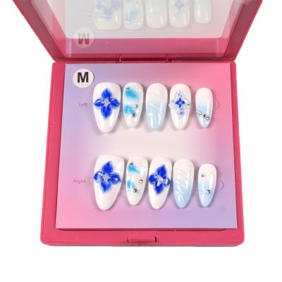 LIFOOST Hand Made Acrylic Press On Nails Almond Ocean 3D Blue Nails with Handmade Carved Flower Bubble Pearl for Women Manicure Stick On, Size Medium