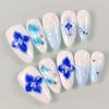 LIFOOST Hand Made Acrylic Press On Nails Almond Ocean 3D Blue Nails with Handmade Carved Flower Bubble Pearl for Women Manicure Stick On, Size Medium view 3