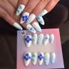 LIFOOST Hand Made Acrylic Press On Nails Almond Ocean 3D Blue Nails with Handmade Carved Flower Bubble Pearl for Women Manicure Stick On, Size Medium view 4
