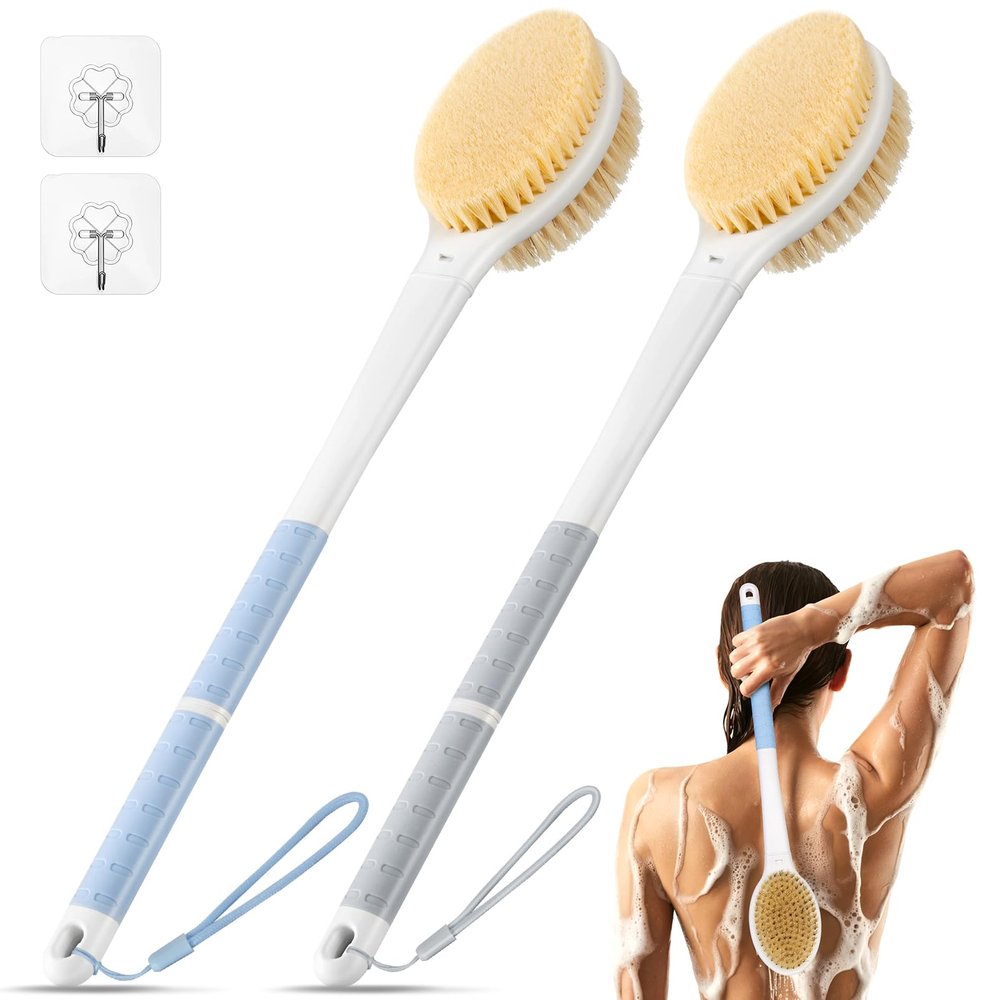 Back Scrubber Body Shower Brush: Anti Slip Long Handle Bath Brush with Stiff and Soft Bristles - Showering Exfoliator for Women, Men, Elderly (Blue & Grey)