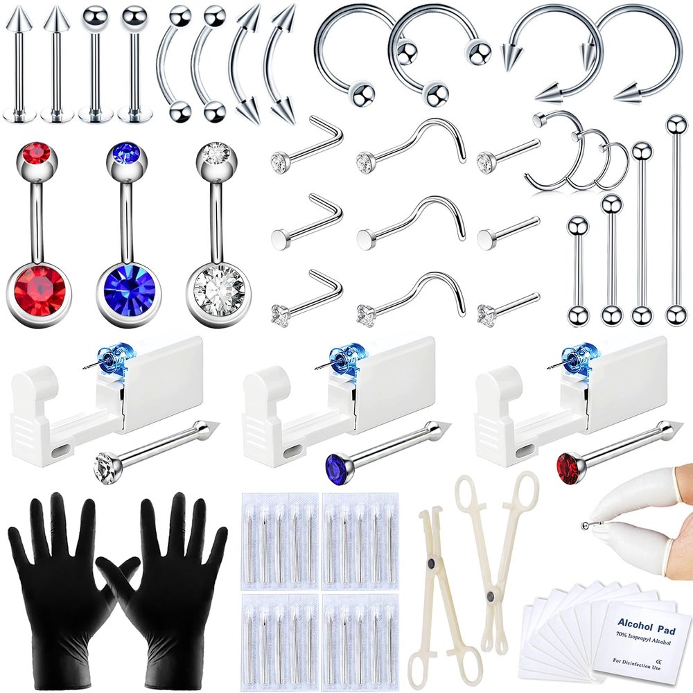 TKKUY 70 Pcs Body Piercing Kit for All Body Piercings Nose Piercing Gun Stainless Steel Piercing Jewelry with 12G 14G 16G 20G Piercing Needles for Ear Cartilage Tragus Nose Septum Lip Eyebrow