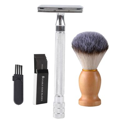 NOLITOY 1set Manual Beard Shaving Kit Double Razor Metal Safety Cutter Beard Brush Cleaning Tool Professional Grooming for Men for Home Use Travel