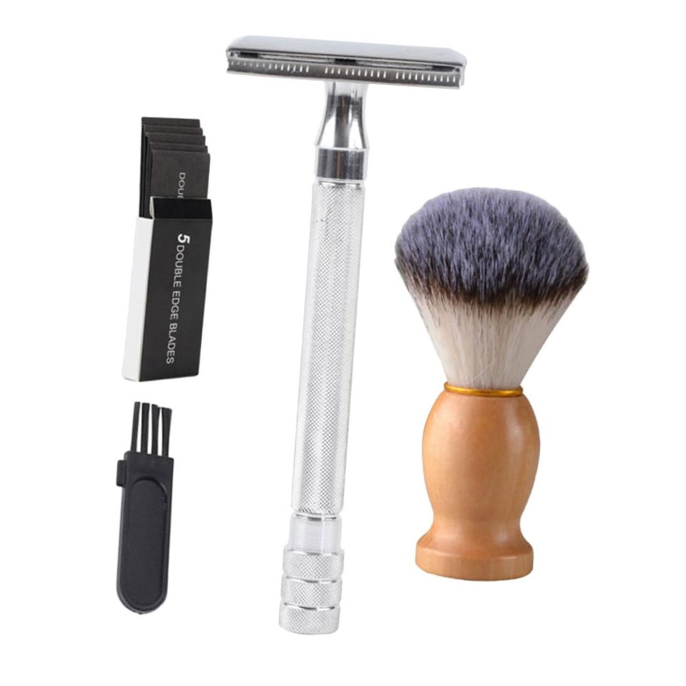 FOYTOKI 1set Manual Shaving Razor Kit Beard Brush and Cleaning Tool for Smooth Body Hair Trimming Portable Silver Safety Razor for Home and Travel Use