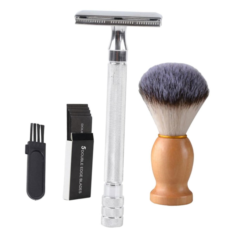 PartyKindom Old Style Manual Razor with Beard Brush and Cleaning Tool Double Edge Shaving Kit for Men Travel-friendly Grooming Accessories for Smooth Shave and Care