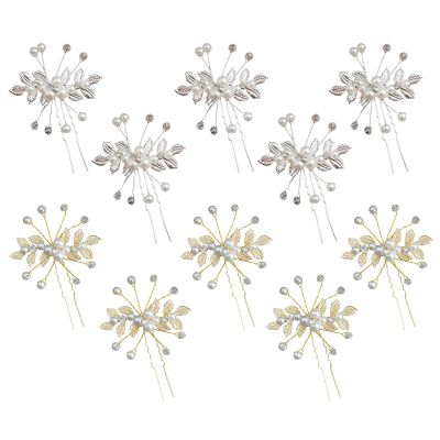 10PCS Pearl Floral Hair Pins, Crystal Golden Hair Pins, Rhinestone Bride Wedding Pins, Bridal Floral Leaf Head Dress, Hair Accessories for Women Bride