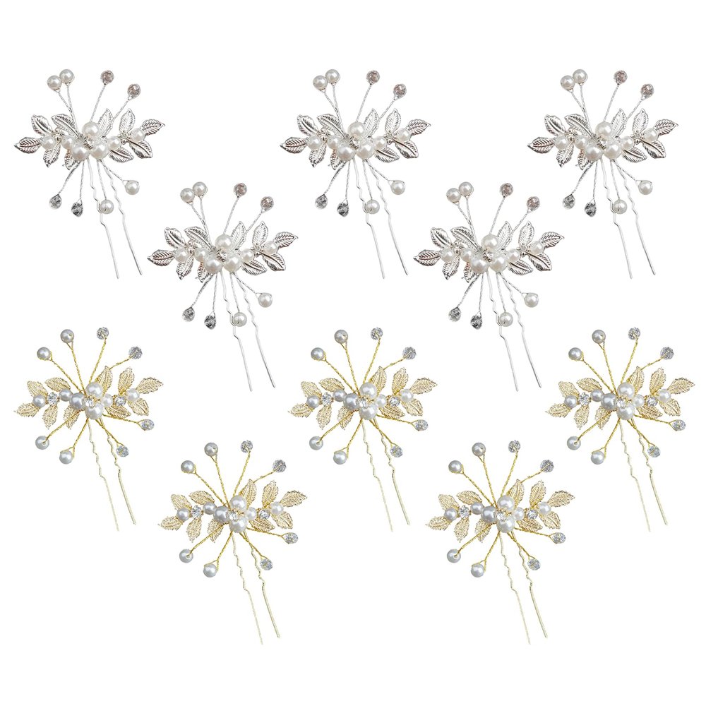 10PCS Pearl Floral Hair Pins, Crystal Golden Hair Pins, Rhinestone Bride Wedding Pins, Bridal Floral Leaf Head Dress, Hair Accessories for Women Bride