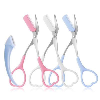 Eyebrow Scissors with Eyebrow Razor,Eyebrow Trimmer with Comb,Non Slip Finger Grips Trimmer Eyebrow Scissors, Hair Removal Beauty Accessories for Men Women (White. Pink. Blue.)