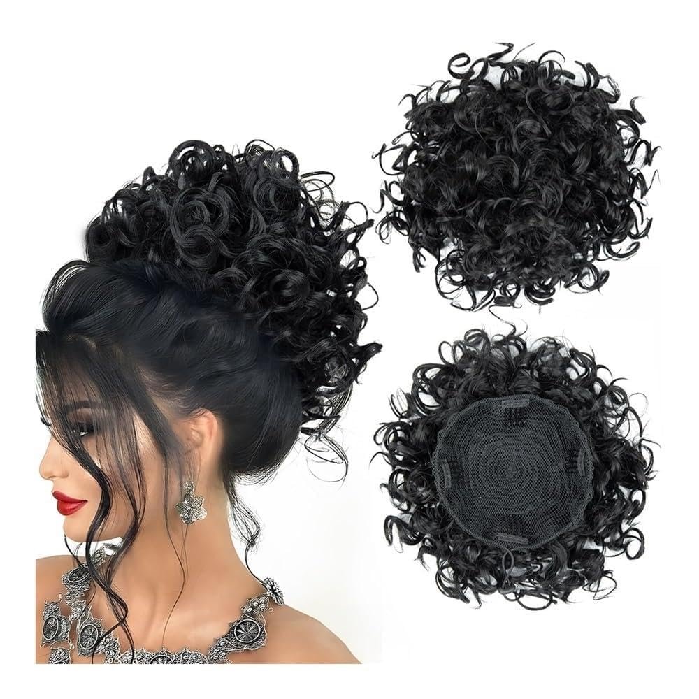 Bun, Drawstring Curly Bun Synthetic Chignon Hairpiece For Women Drawstring Ponytail Kinky Curly Tail Clip Hair Extensions for Women(Black)