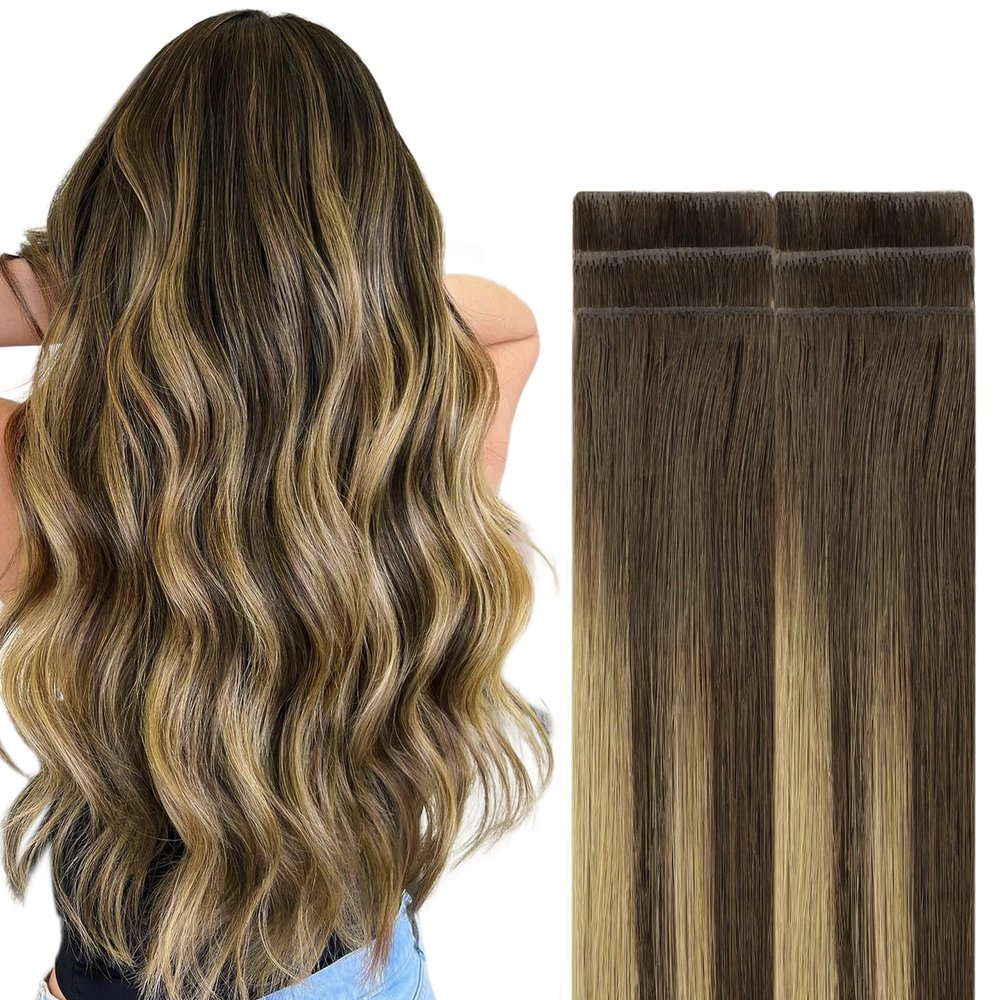 GOO GOO Invisi Edge Tape in Hair Extensions Human Hair, 4/27/4 Balayage Chocolate Brown to Caramel Blonde, 6pcs 14inch 15g, Virgin Remy Hair, Seamless Injected Tape, Natural Look