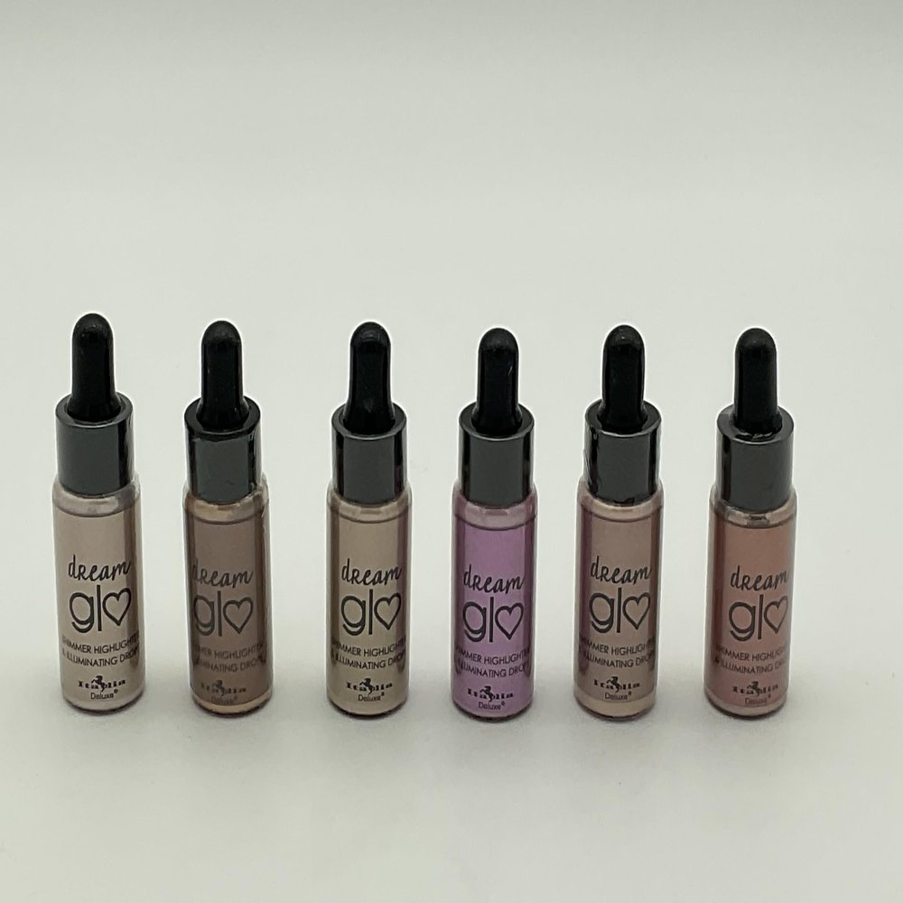 Dream Gl Shimmer Highlighter and Illuminating Drops Set, 6 Pieces 1 each Glo Digger, Glo to Havana,Glo Faced, Glo Glo Girl, Glo Goddess, Glomazing. Bottles are glass and about 1 ounce each.