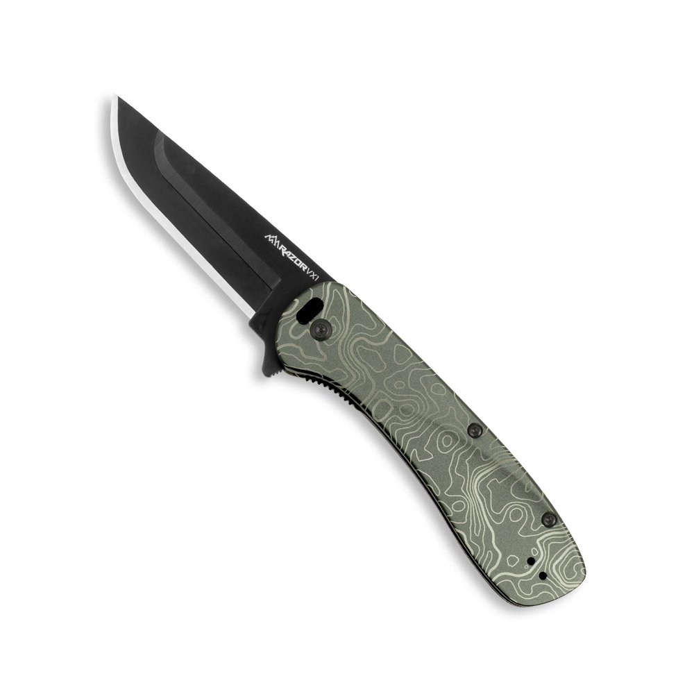 OUTDOOR EDGE RAZOR VX1 | Topo Map Etching | Replaceable Blade EDC Folding Pocket Knife | 3" Stainless Blade, Green Anodized Aluminum Handle, Reversible Pocket Clip | Cool Knife for Men