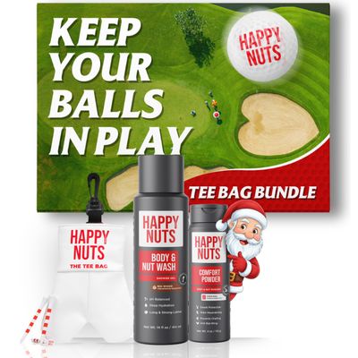 Happy Nuts Tee Bag Bundle for Men  Golf-Themed Grooming & Game Day Essentials - Perfect Men's Gift Kit for Golfers - Sandalwood Body Wash, Anti-Chafing Comfort Powder Deodorant & Golf Ball Tee Bag