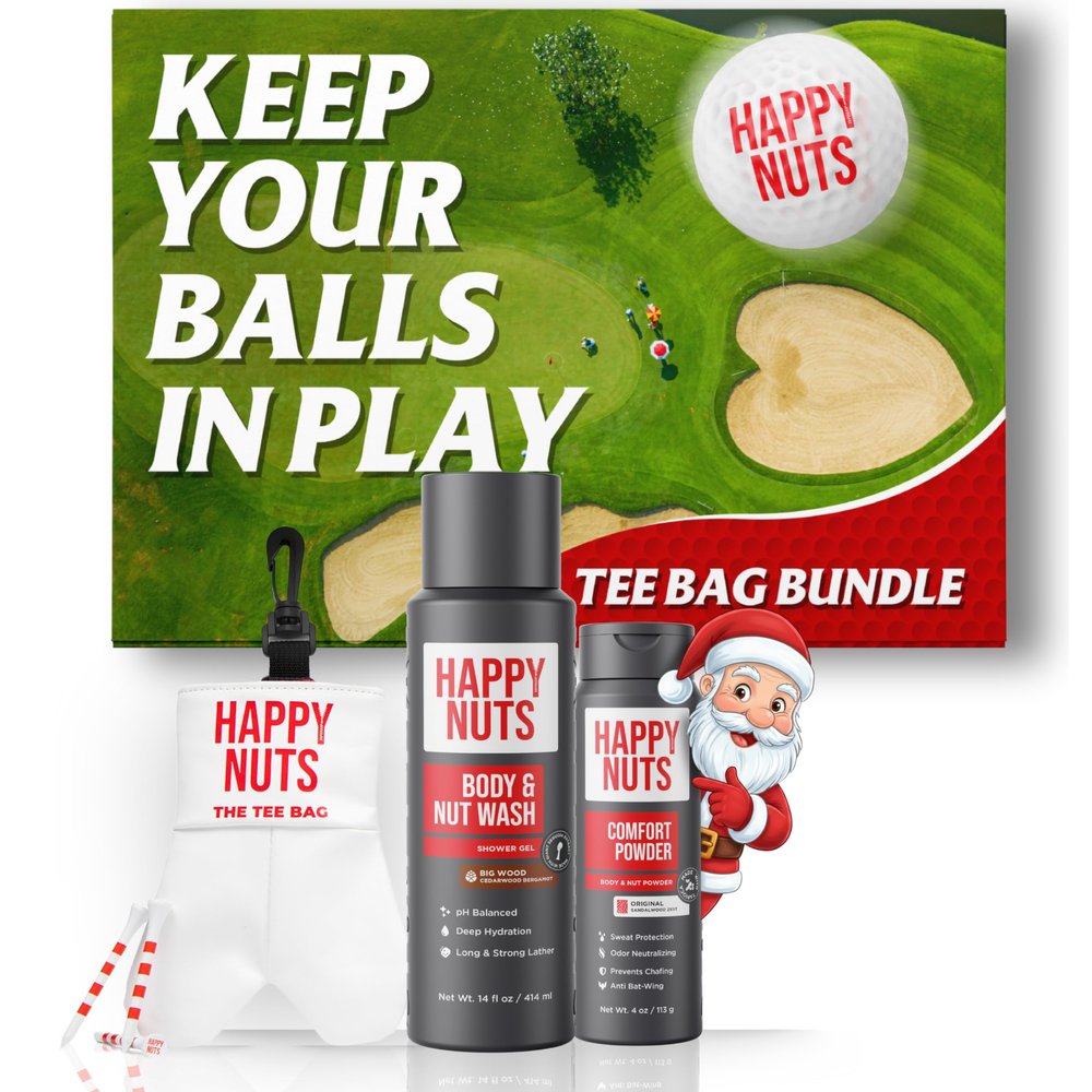 Happy Nuts Tee Bag Bundle for Men Golf-Themed Grooming & Game Day Essentials - Perfect Men's Gift Kit for Golfers - Sandalwood Body Wash, Anti-Chafing Comfort Powder Deodorant & Golf Ball Tee Bag