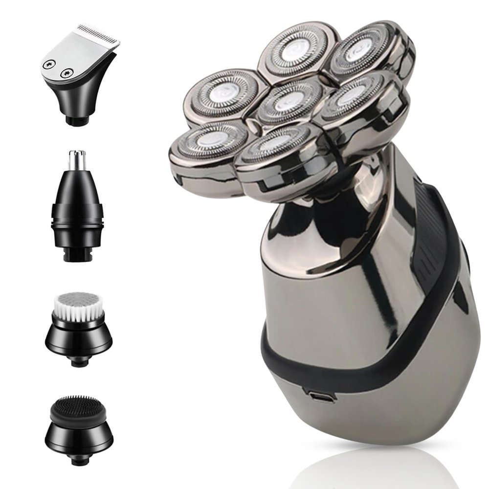 7D Head Shavers for Bald Men - 5 in 1LED Display Detachable Head Razor - Beard & Nose Trimmer - Cordless Rechargeable IPX7 Waterproof Grooming Kit with Hair & Facial Cleaning Brushes