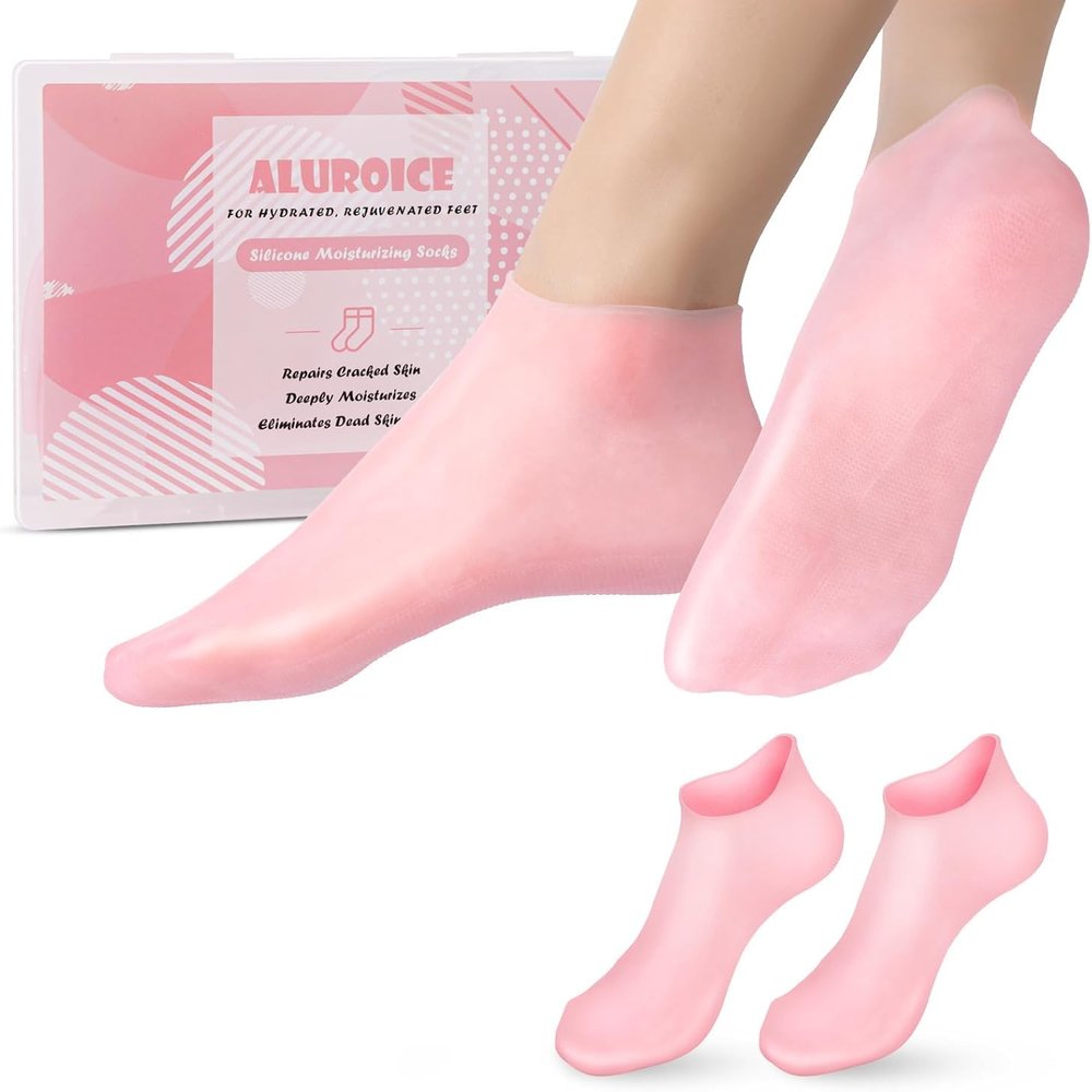 Aluroice 1 Pairs Silicone Moisturizing Socks for Dry Cracked Feet Women, Soft Gel Pedicure Foot Spa Aloe Socks, Anti-Slip Moisturizerl Socks for Dry Cracked Feet Foot CarePink