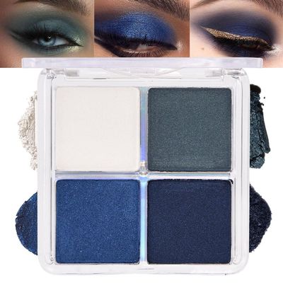 4 Colors Dark Peacock Green White Navy Sapphire Blue Eye Shadow Powder Palette Makeup, Highly Pigmented Waterproof Matte Shimmer Cream Quads Eyeshadow Palette for Women, paleta de sombras de ojos 08