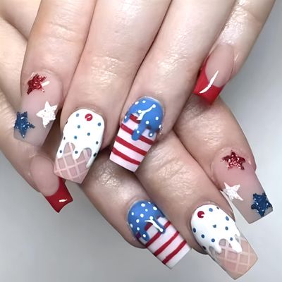24Pcs Independence Press on Nails Almond Medium Square 4th of July Fake Nails Blue White Stripes Star ice Cream Pattern Five-Pointed Star Glitter Nail Tip Press On Cute French Nails Holiday Manicure