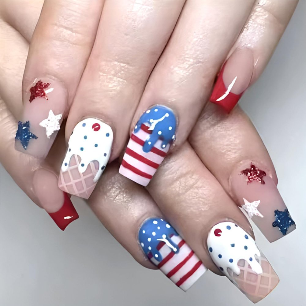 24Pcs Independence Press on Nails Almond Medium Square 4th of July Fake Nails Blue White Stripes Star ice Cream Pattern Five-Pointed Star Glitter Nail Tip Press On Cute French Nails Holiday Manicure