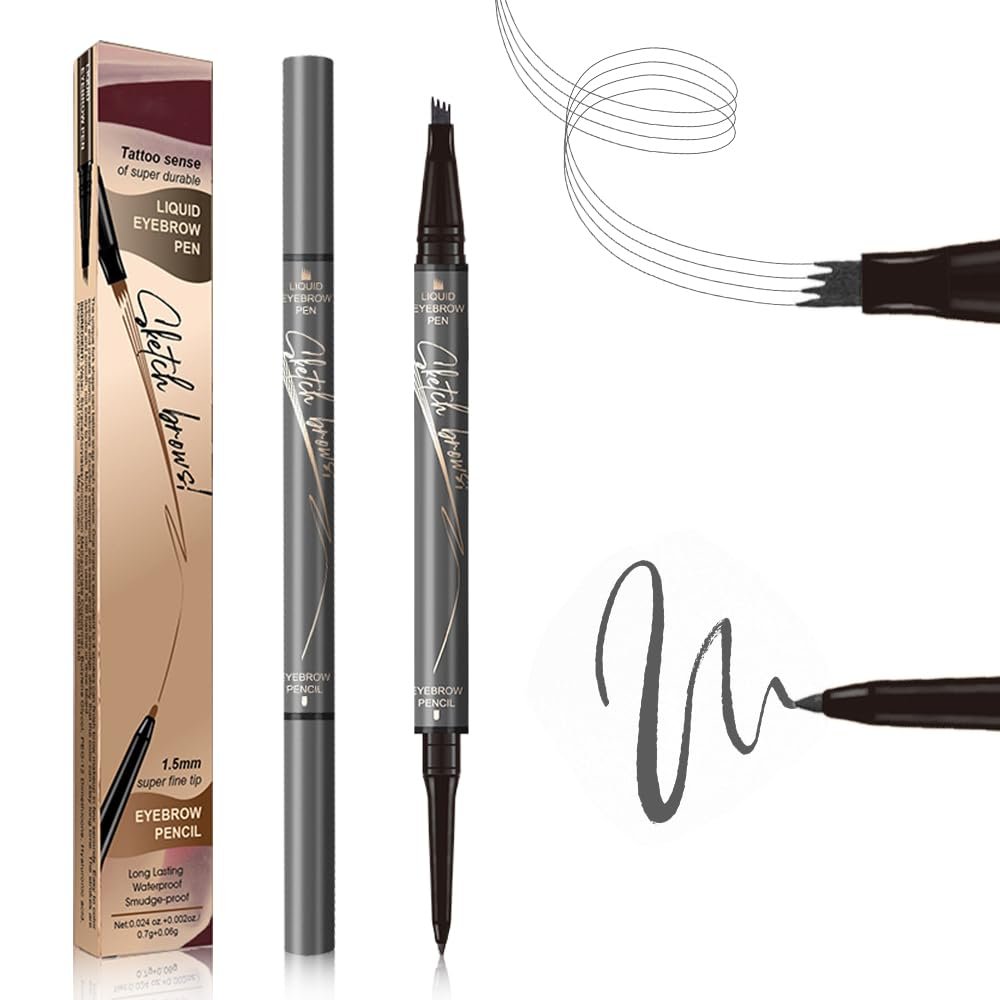 2 in 1 Eyebrow Pencil, 2025 New Magic Eyebrow Tattoo Pencil 4 Fork Tip, Waterproof Eyebrow Pen Microblading Eyebrow Pencils Natural Fine Stroke Eyebrow Pen (Grey)