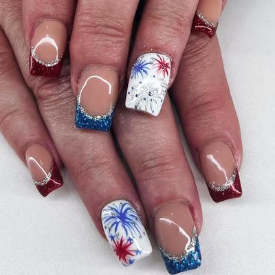 4th of July Press on Nails Short Square Fake Nails Independence Day Nail Art Fireworks Glitter Designs French Tip False Nails Press On Cute Stick on Nails Firework Silver Glitter Nails for Women 24Pcs