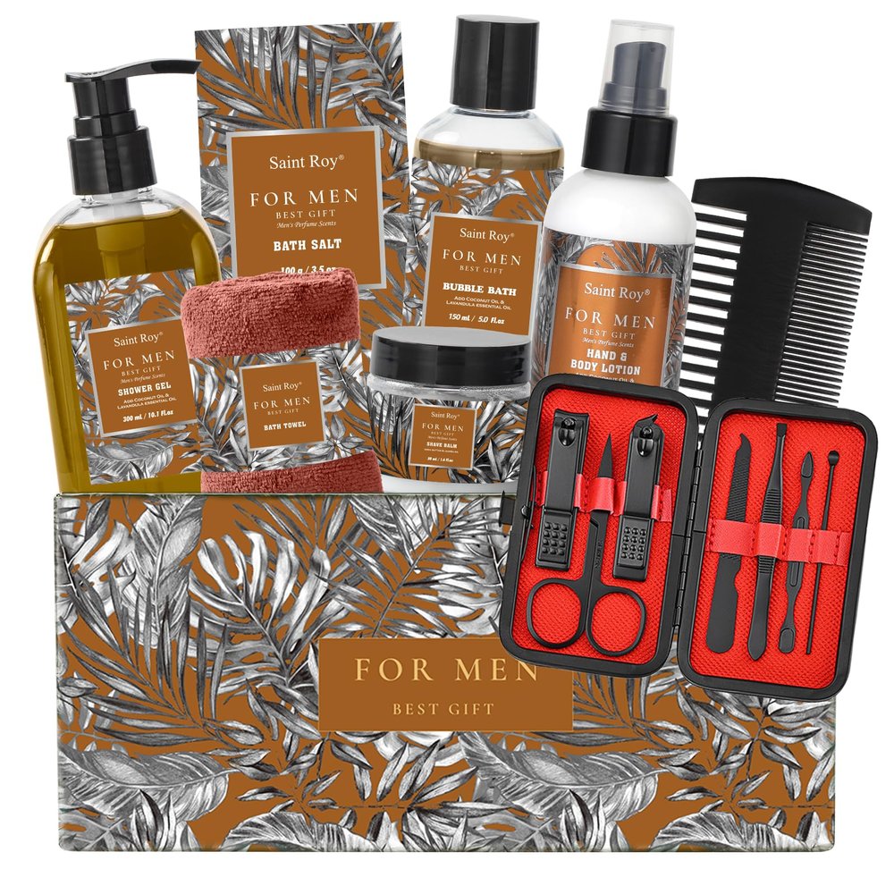 Christmas Spa Gift Basket, Bath Spa Kit for for Men Dad Birthday Bath Gifts Classic Perfume Bath Set for him, men's Shower Gift Basket mens personal care sets Man Bath Beard Spa Gift Baskets Mens Gift