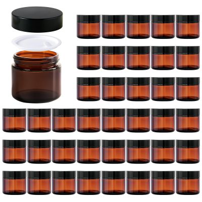 2oz Jars with Lids, HOA Kinh 40 Pack Amber Glass Jars with Lids Empty Cosmetic Containers Round Airtight Glass Jar with Black Lid for Storing Lotions Powders Ointments