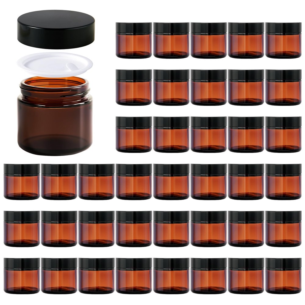 2oz Jars with Lids, HOA Kinh 40 Pack Amber Glass Jars with Lids Empty Cosmetic Containers Round Airtight Glass Jar with Black Lid for Storing Lotions Powders Ointments
