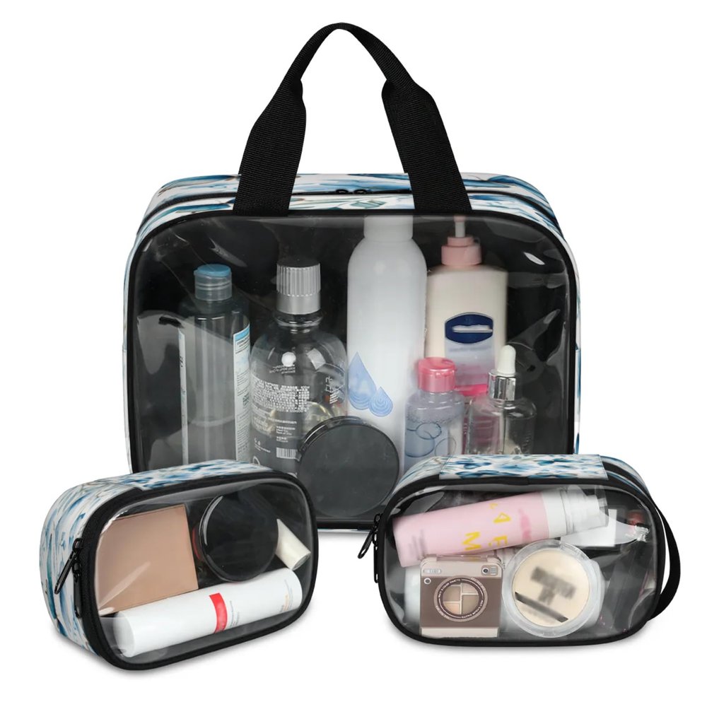 CNNINGYI Clear Makeup Bag, 3 Pcs of Translucent Cosmetic Bags Set, Transparent Wildflower Spring Floral Butterfly Travel Makeup Pouch, Waterproof Cute Toiletry Bag for Women (Watercolor Flower)