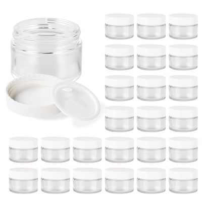 1oz Glass Jar with Lid, Hoa Kinh 25Pack Clear Round Containers Cosmetic Glass Jars with Inner Liners and White Lids Travel Jars for Storing Lip and Body Scrub, Lotion, Body Butter, Bath Salts, Liquid