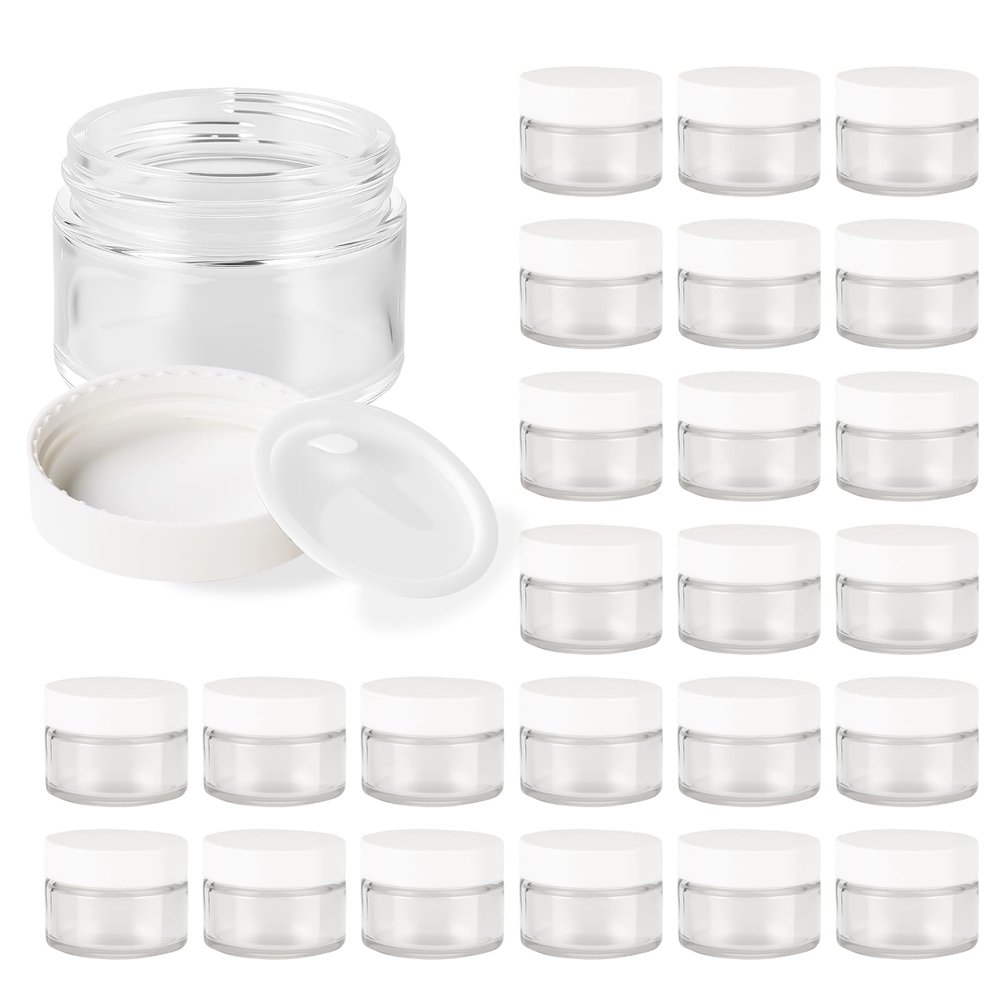 1oz Glass Jar with Lid, Hoa Kinh 25Pack Clear Round Containers Cosmetic Glass Jars with Inner Liners and White Lids Travel Jars for Storing Lip and Body Scrub, Lotion, Body Butter, Bath Salts, Liquid