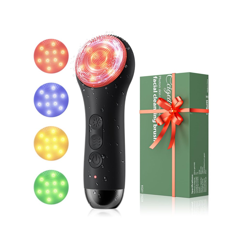 Facial Cleansing Brush Electric Face Scrubber - Rechargeable Face Cleansing Brush with 4 LED Gentle Light Silicone Heat and Vibration Exfoliator Massage Deep Cleansing,IPX7 Waterproof,Ideal Gift