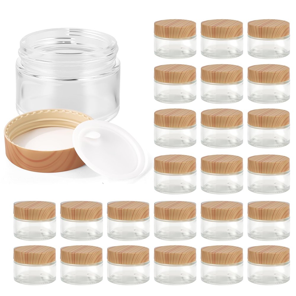1oz Glass Jar with Lid, Hoa Kinh 25Pack Clear Round Containers Cosmetic with Inner Liners and Woodgrain Lids Travel Jars for Storing Lip and Body Scrub, Lotion, Body Butter, Bath Salts, Liquid