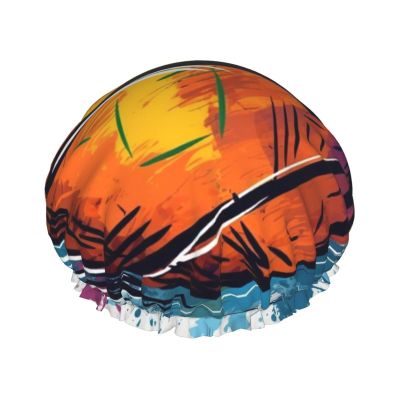 Basketball Colorful Sketch Enjoyment Shower Cap For Women Reusable Double Layers Bathing Bath Cap Hair Caps Waterproof Elastic Band Ladies Spa Salon Shower Hat Hair Caps