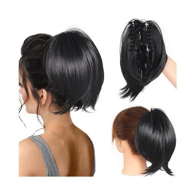 Bun, Clip-on Short Straight Wig Ponytail Changeable Styling Headdress Hair Ring Fluffy Hair Piece Ponytail for Women(Black)