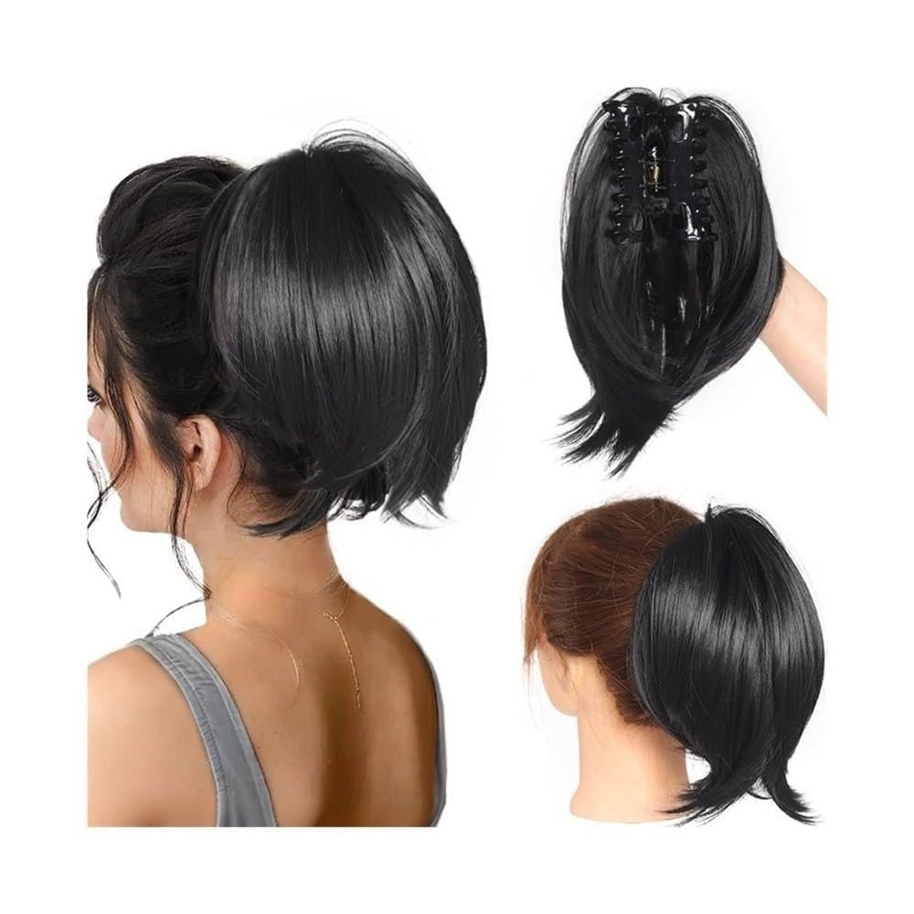 Bun, Clip-on Short Straight Wig Ponytail Changeable Styling Headdress Hair Ring Fluffy Hair Piece Ponytail for Women(Black)