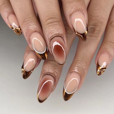 24Pcs French Tip Press on Nails Medium Almond Fake Nails with 3D Bronzing Gold Nails Tip Design Artificial Acrylic Nails Brown Gradient Full Cover False Nails Glossy Nude Stick on Nails Kit for Women