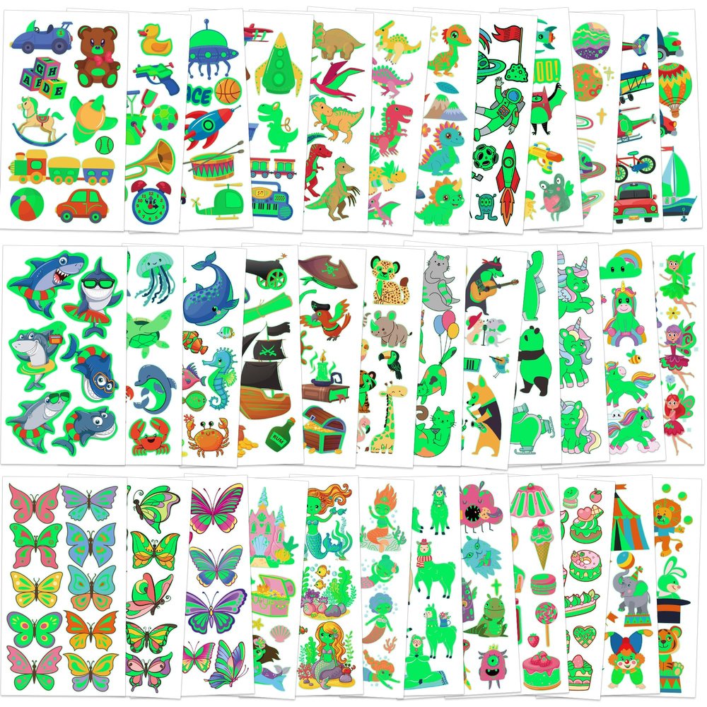 370 Patterns Party Favors, 36 Sheets Glow In Dark Stickers Luminous Temporary Tattoos, Waterproof Fake Tattoo Supplies Animal Dinosaur Mermaid Butterfly Stickers for Birthday Decorations