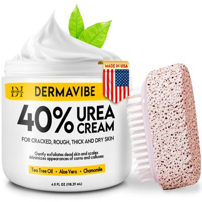 Premium 40% Urea Cream For Feet - Made In USA - Maximum Strength with Pumice Stone & Brush | Tested by Doctors | Intense Moisturizer & Corn, Callus and Dead Skin Remover, Dermavibe by DOCTOR'S INC.