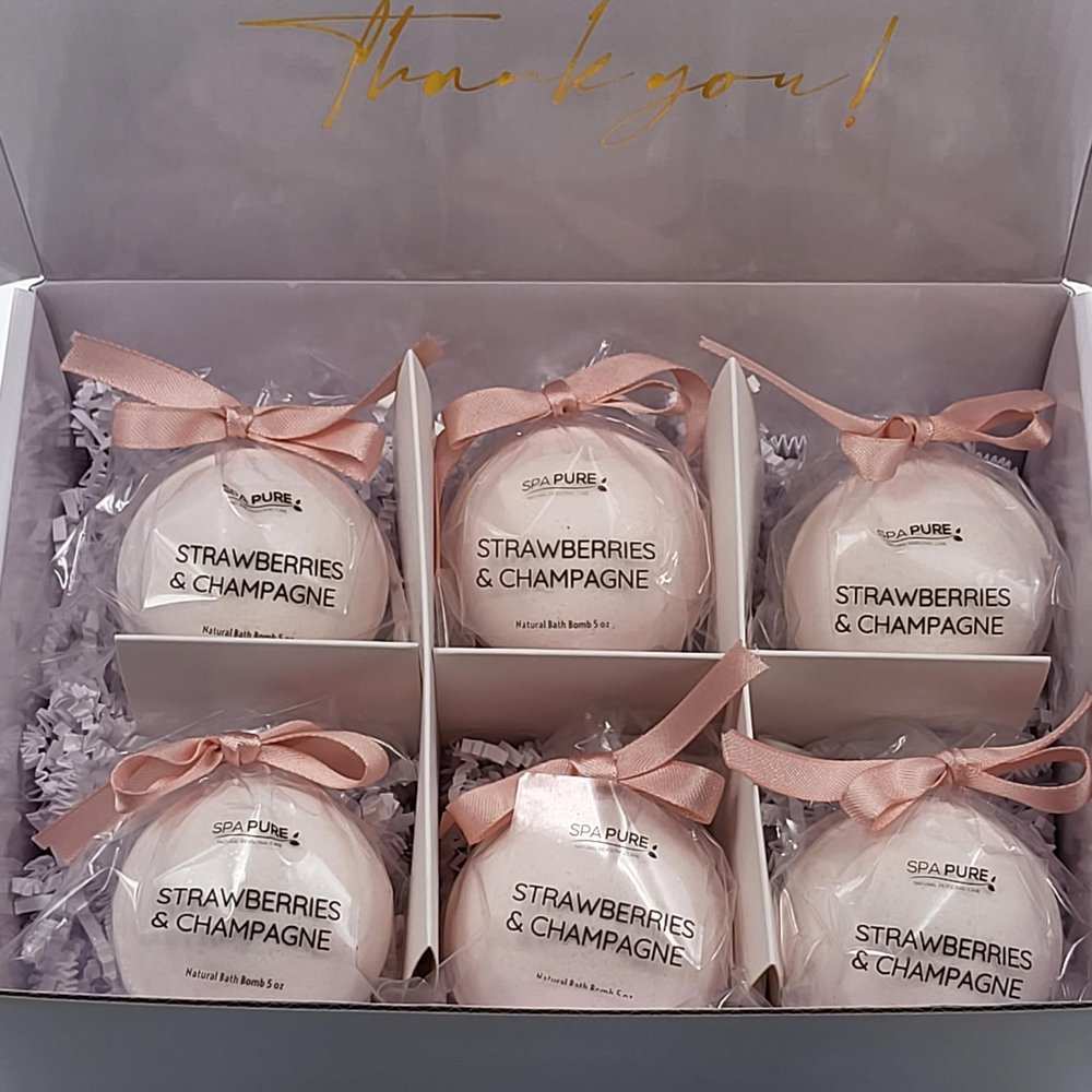 6 Strawberries and Champagne Luxury Bath Bomb Fizzies, Large, Handmade in The USA with Shea, Mango & Cocoa Butter, Ultra Moisturizing, 5 oz Each, Great for Dry Skin, All Skin Types (6)