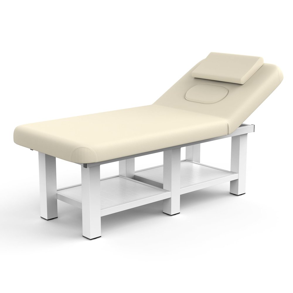 Beige Grey Wide Stationary Massage Table with Backrest for Treatment Table Physical Therapy Table Spa Facial Bed, Metal Frame PU Leather 31.5'' Wide 75'' Long Heavy Duty Professional Massage Bed